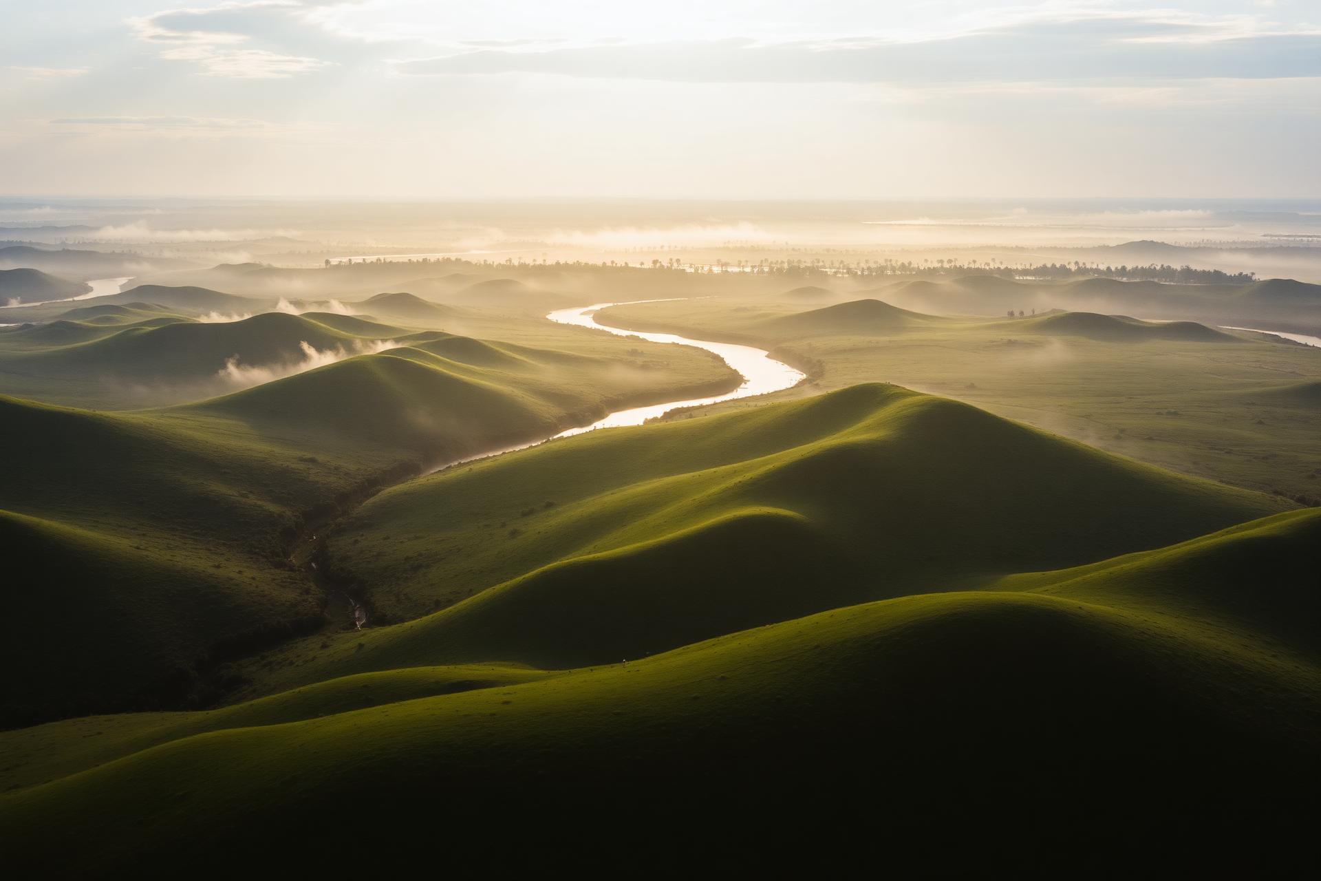Rolling green African hills at dawn